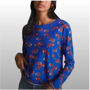 Anthropologie Forest Fete Fox Print Postmark 3/4 Sleeve Boatneck Tee, Size Med